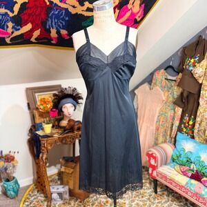 Vintage Black Lace Trim Slip‎ Dress Lingerie Nylon Fabric USA Size 40 / L